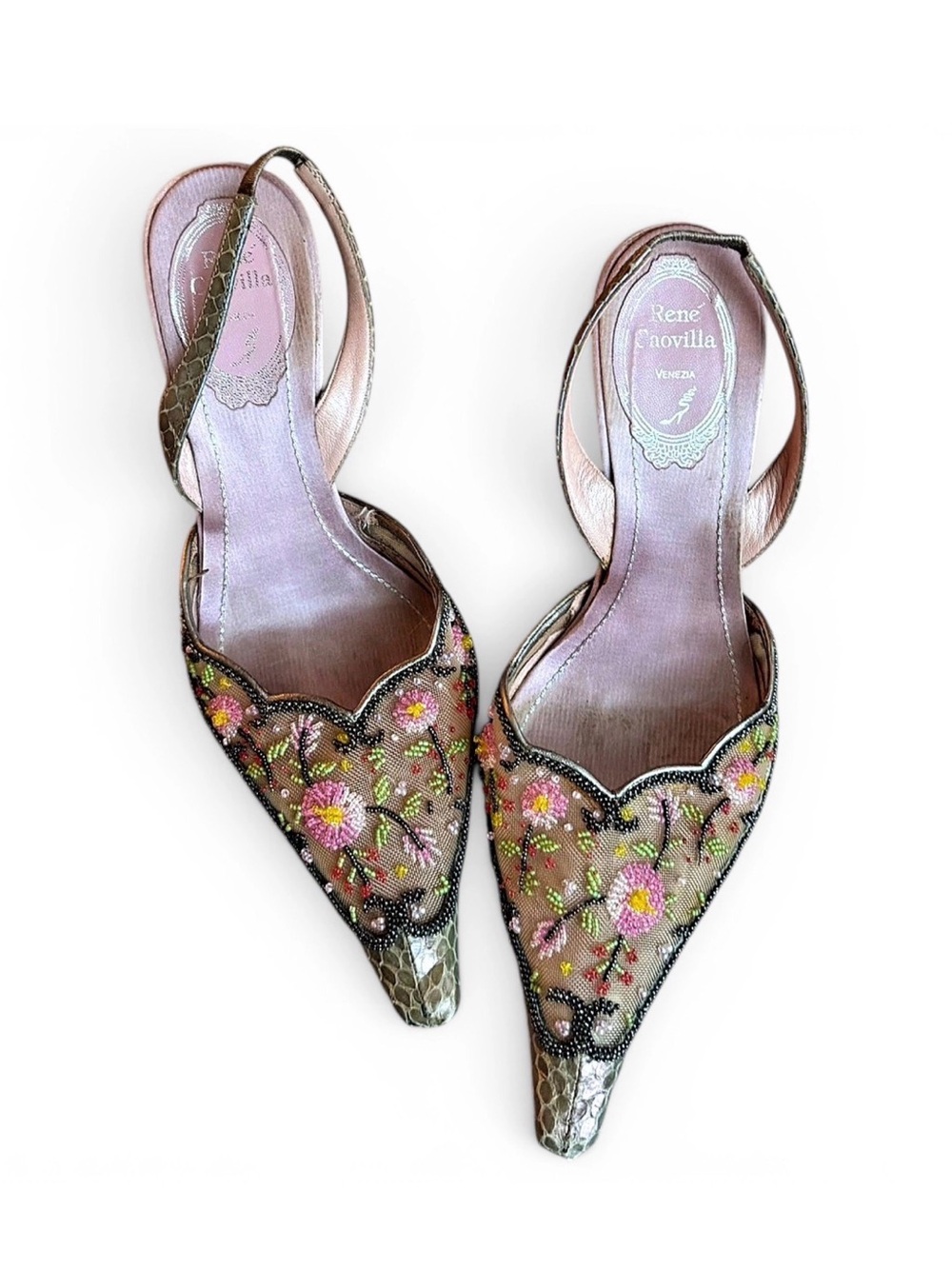 Rene Caovilla Pink Embroidered Pointed Slingback Flats